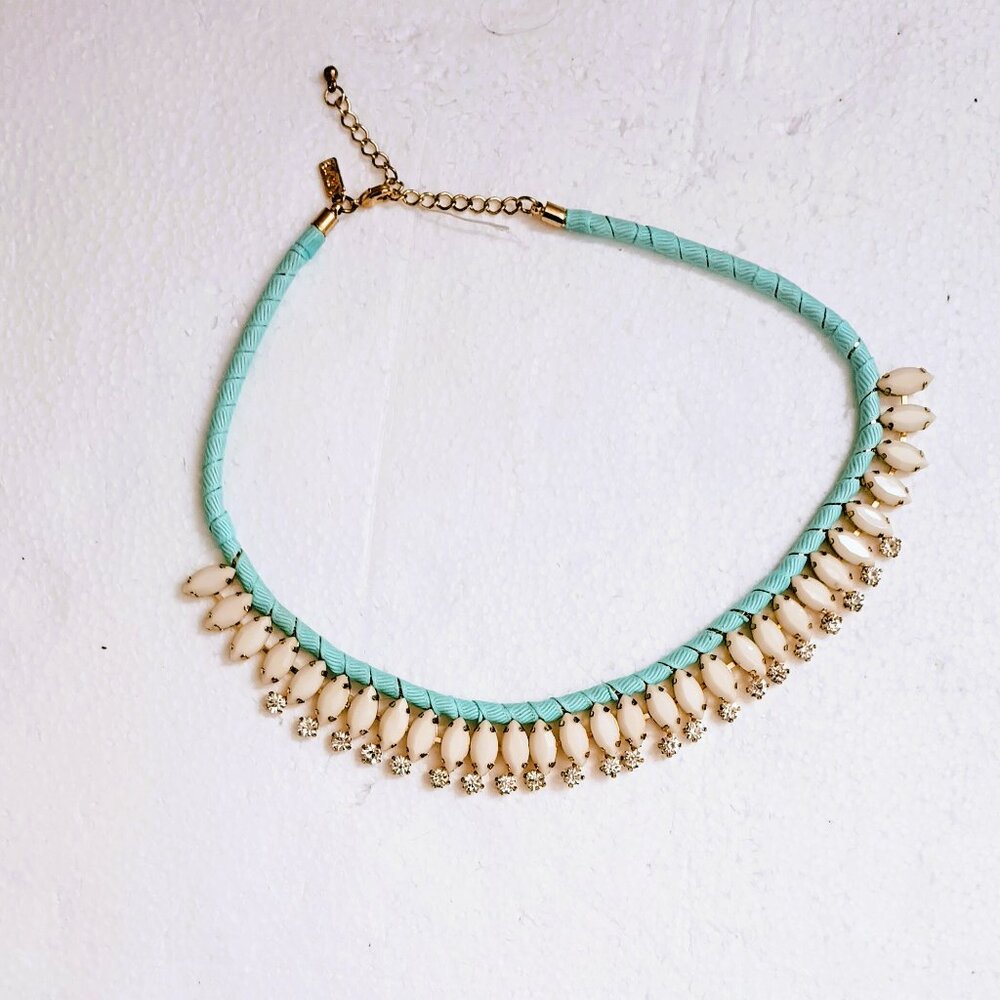 Blue Weave Ribbon Collar Necklace Ivory Beads & Rhinestones Vivi Love Statement